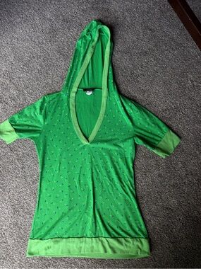 Green Hooded Short-Sleeve Sweatshirt Top